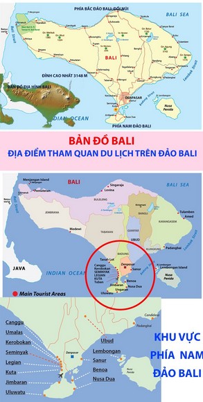 Bản đồ hướng các tuyến day tour Đông, Tây và Bắc Bali từ khu trung tâm