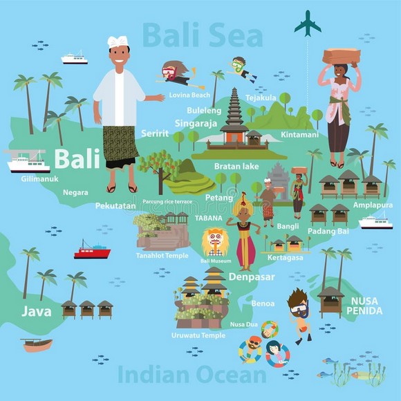 Bản đồ tổng quan 5 khu vực Nam Bali với chú thích vị trí từng khu so với sân bay Denpasar