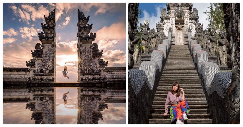 Nhóm khách Việt Nam tại cổng đền Lempuyang, mặc trang phục truyền thống Bali khi vào đền